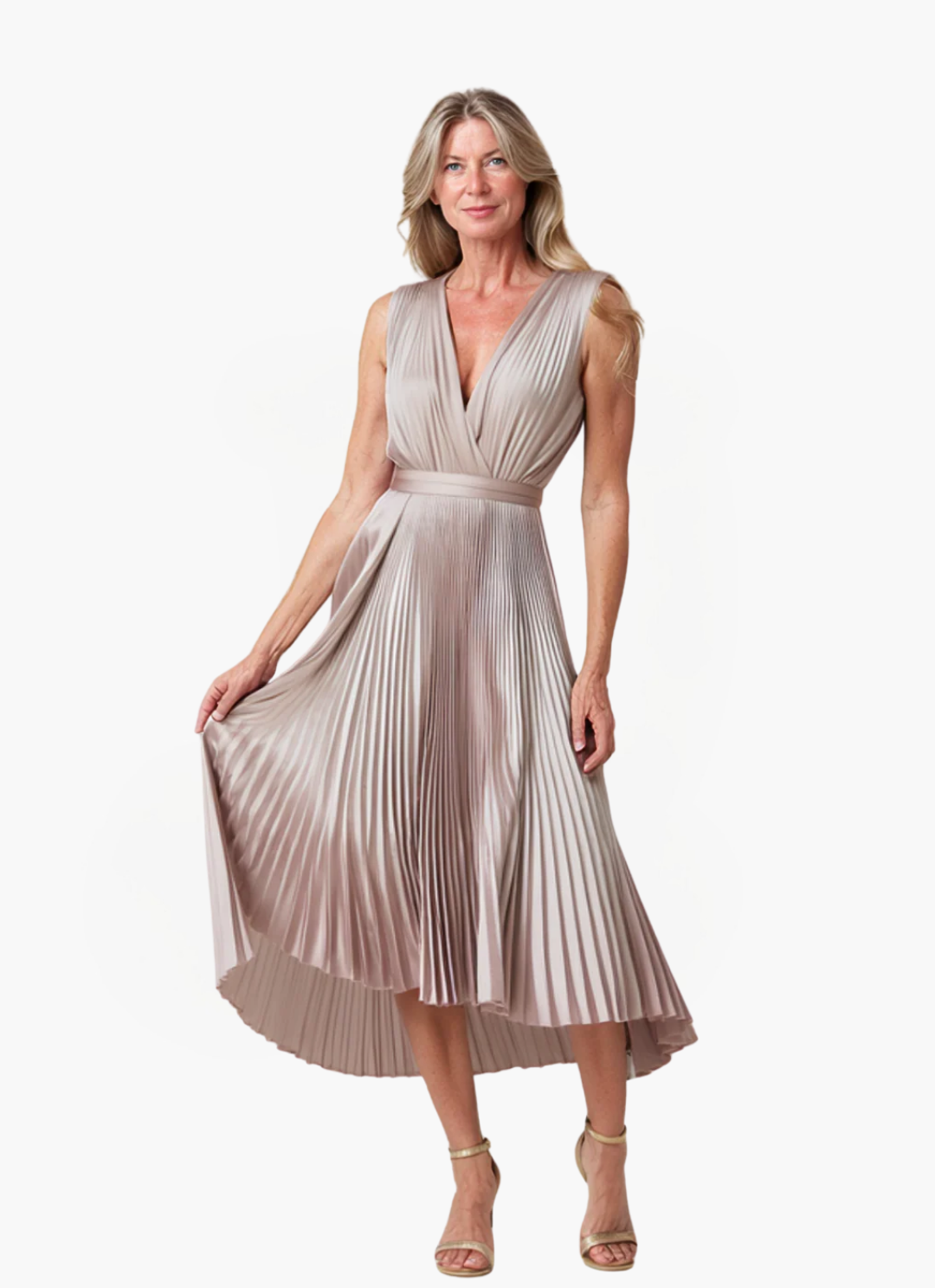 James & Elly™ | Midi Pleated Dress with Deep V-Neck