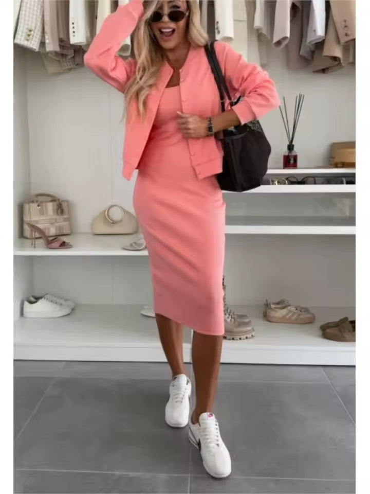 James & Elly™ | Midi dress in ribbed knit & bomber jacket set