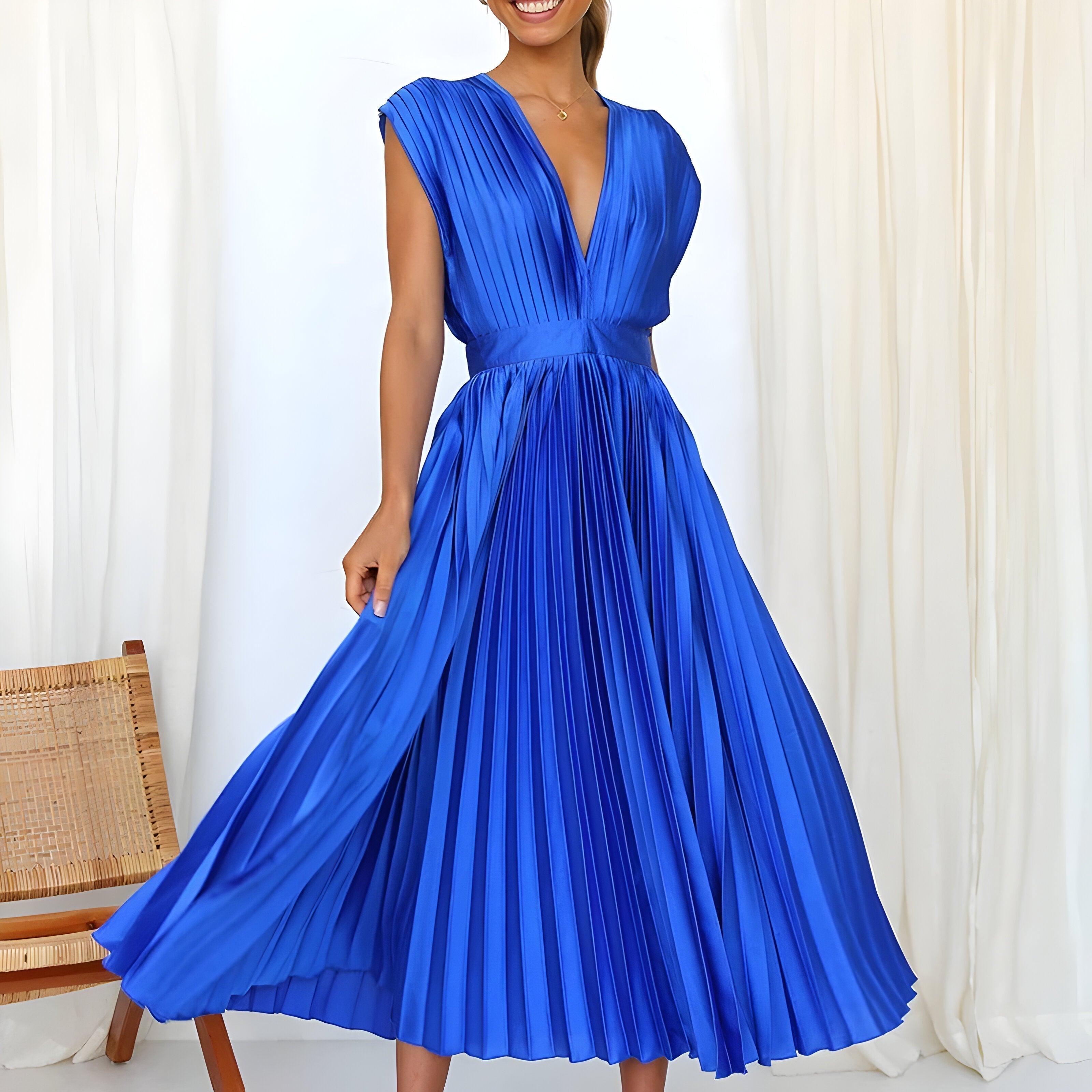 James & Elly™ | Midi Pleated Dress with Deep V-Neck