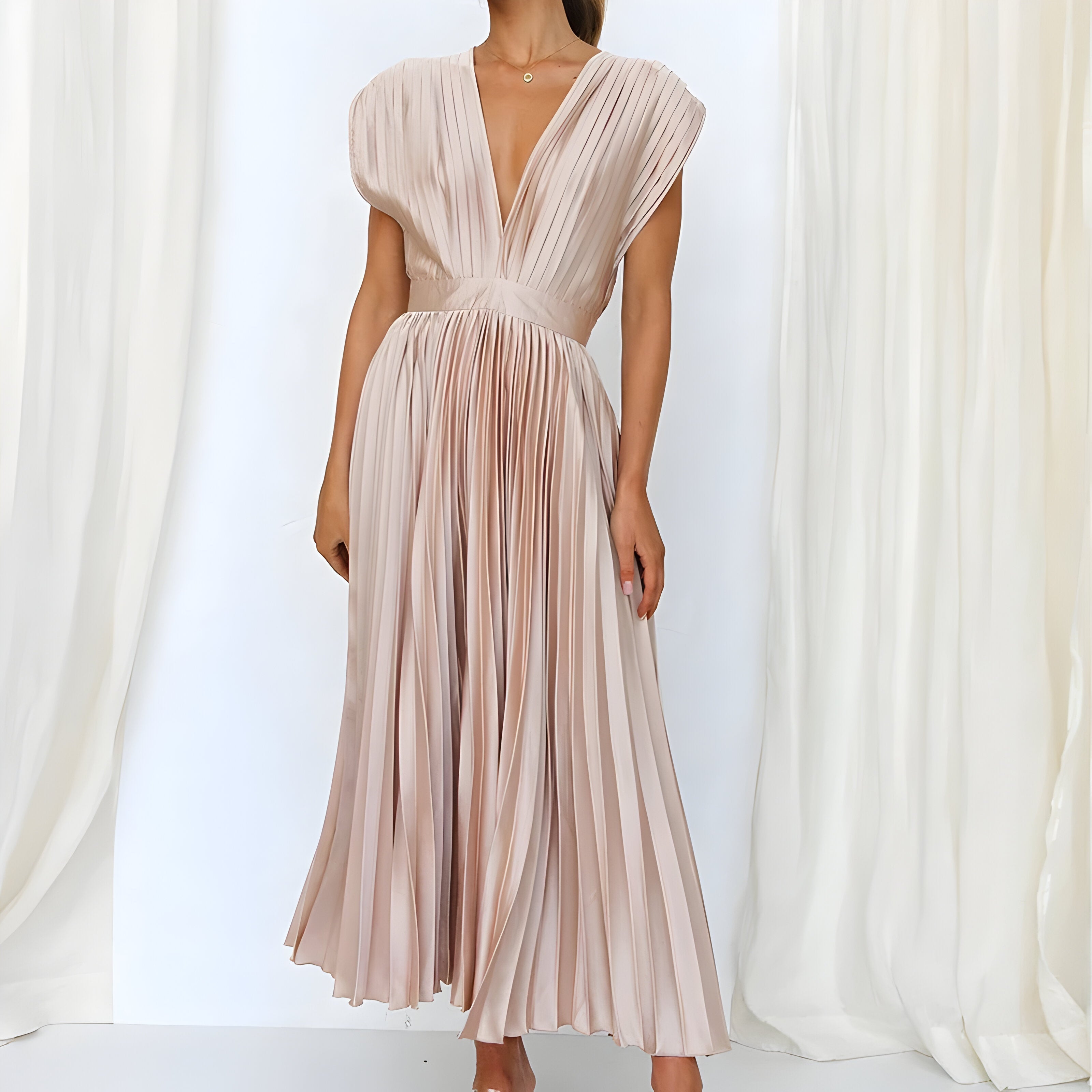 James & Elly™ | Midi Pleated Dress with Deep V-Neck