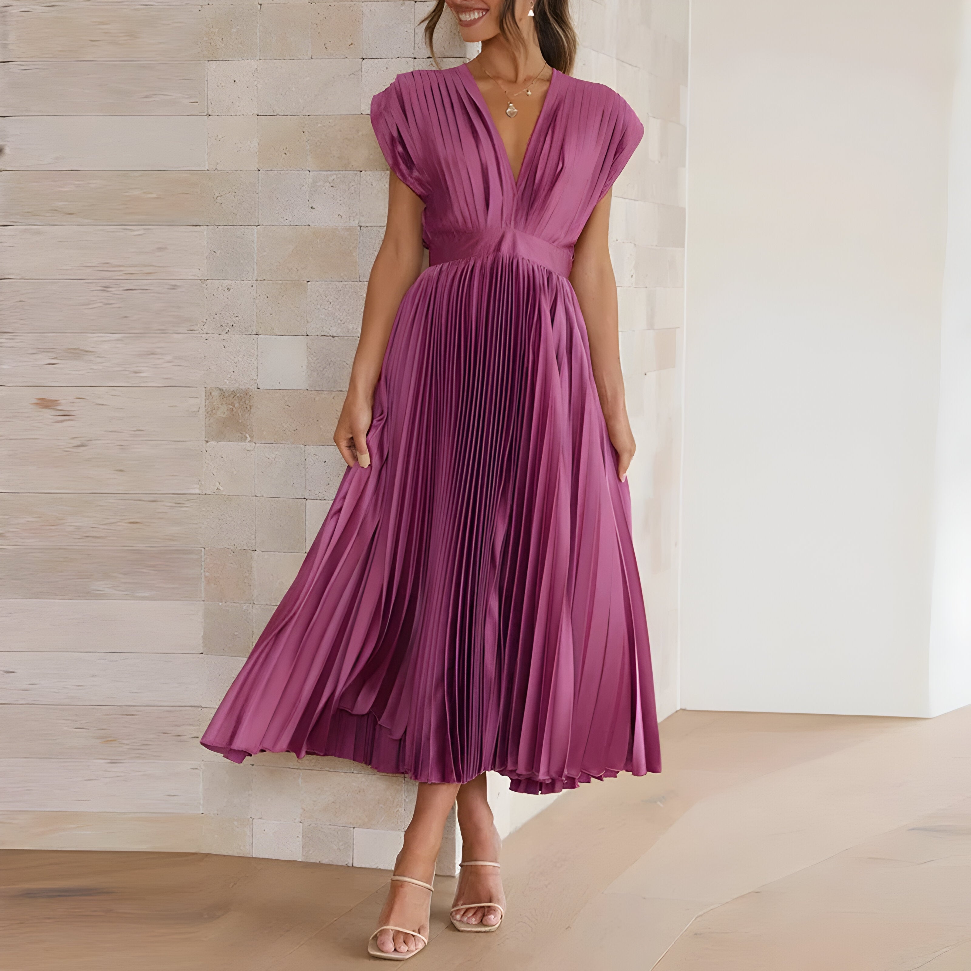 James & Elly™ | Midi Pleated Dress with Deep V-Neck