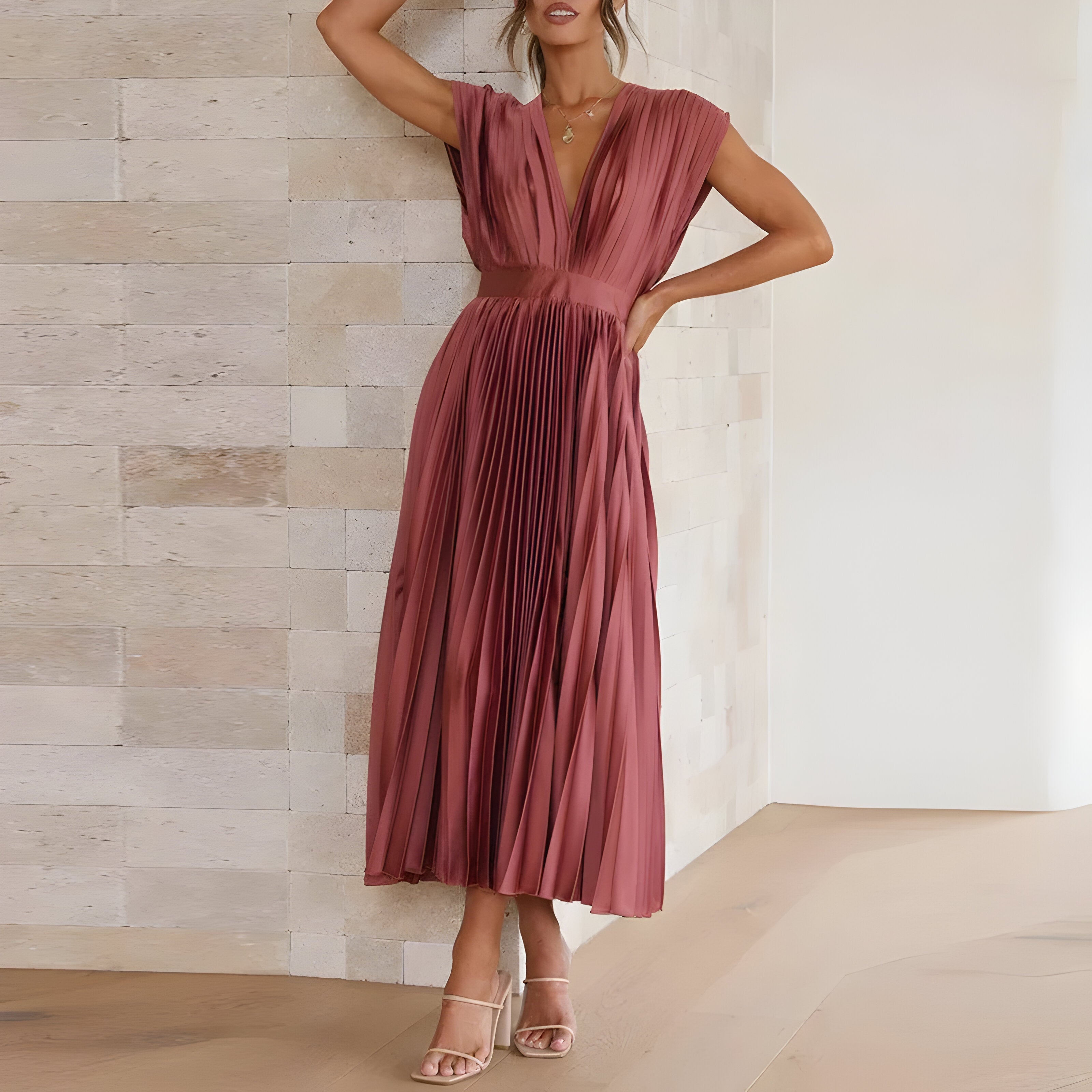 James & Elly™ | Midi Pleated Dress with Deep V-Neck