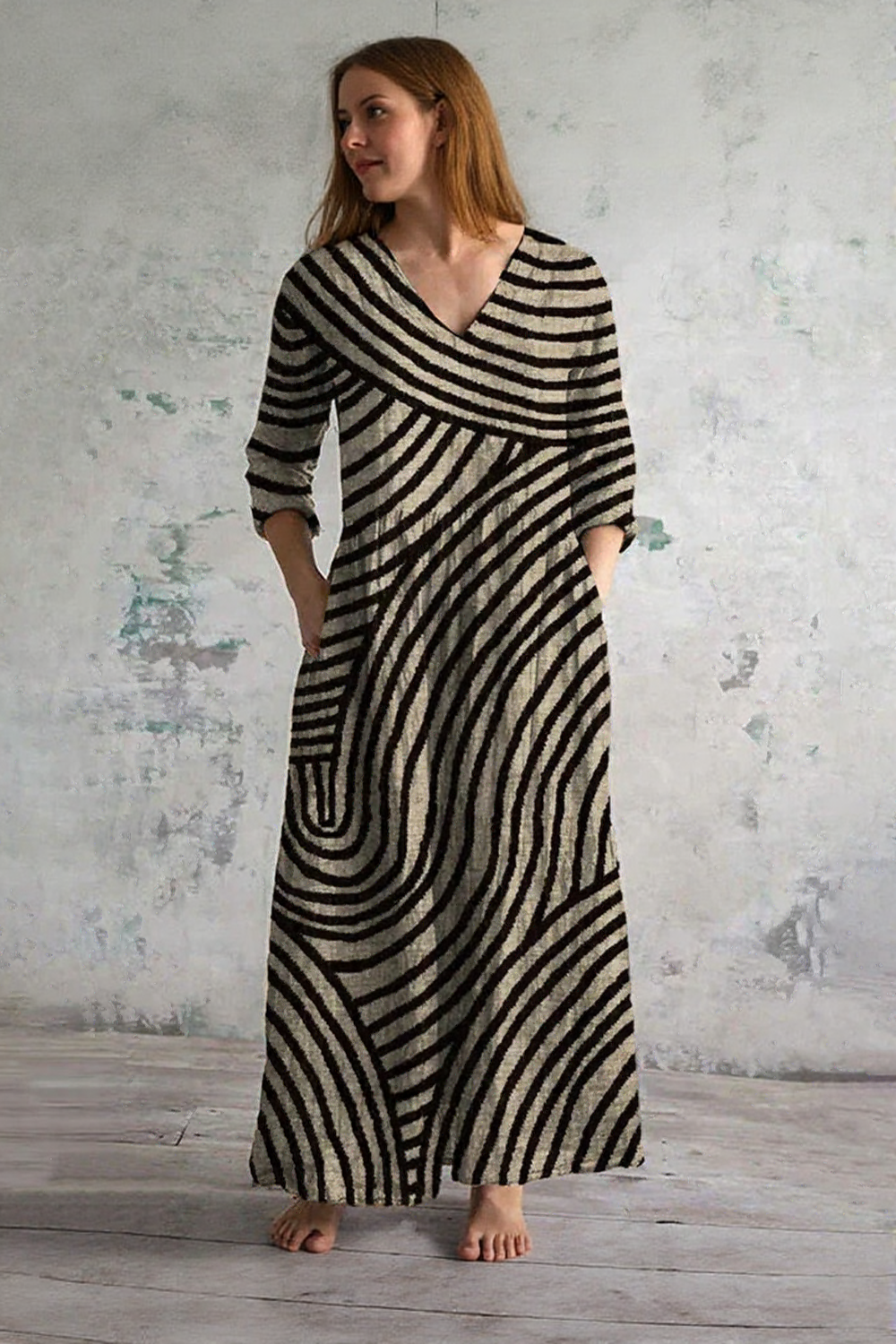 James & Elly™ | Striped Maxi Dress with V-Neck