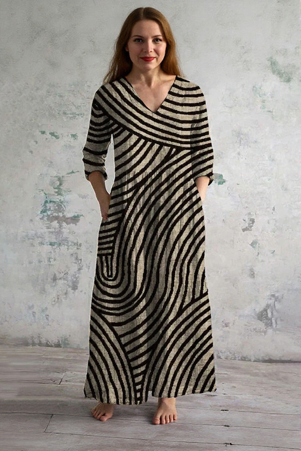 James & Elly™ | Striped Maxi Dress with V-Neck