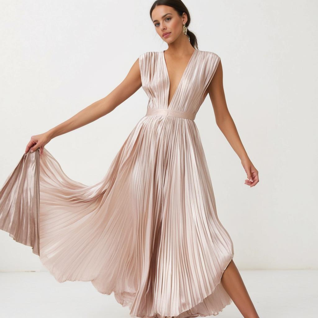 James & Elly™ | Midi Pleated Dress with Deep V-Neck