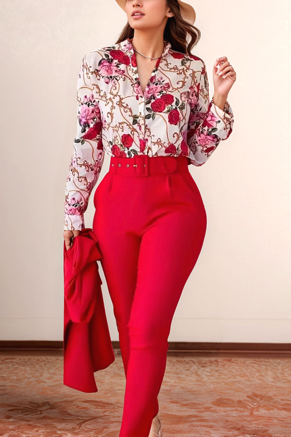 James & Elly™ | Floral Blouse & High-Waisted Trousers