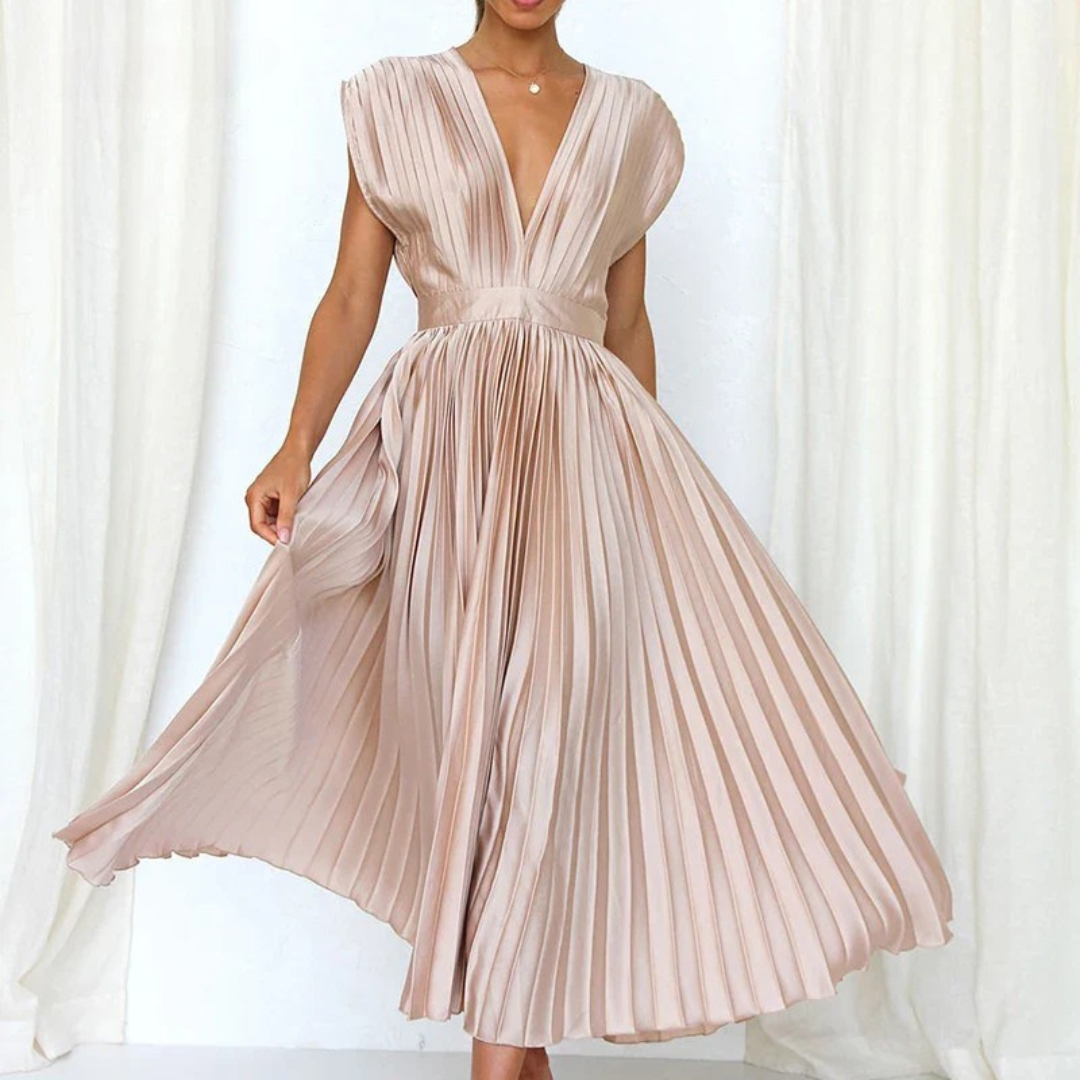 James & Elly™ | Midi Pleated Dress with Deep V-Neck