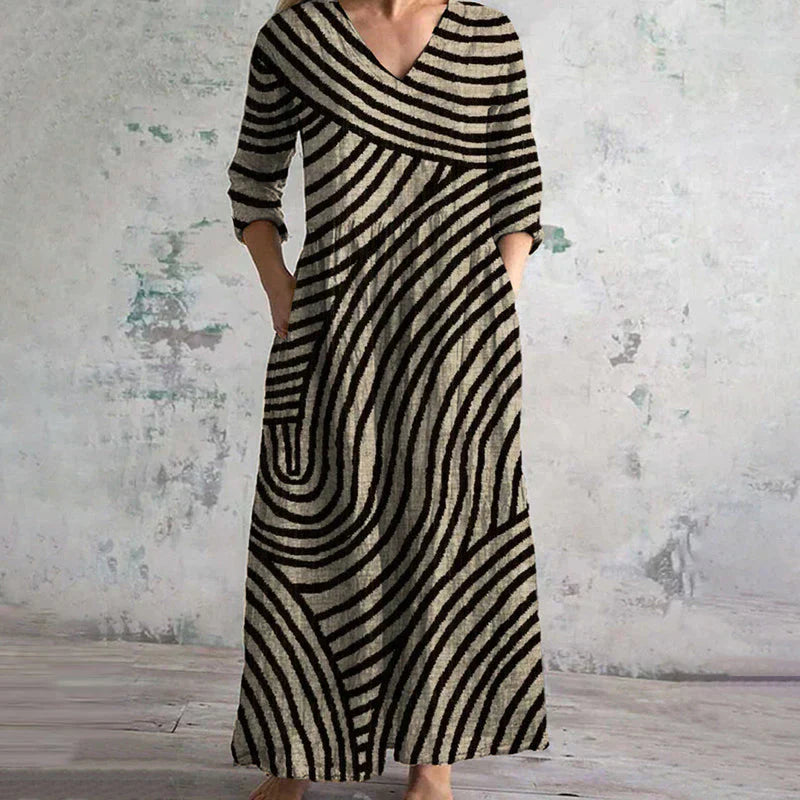 James & Elly™ | Striped Maxi Dress with V-Neck