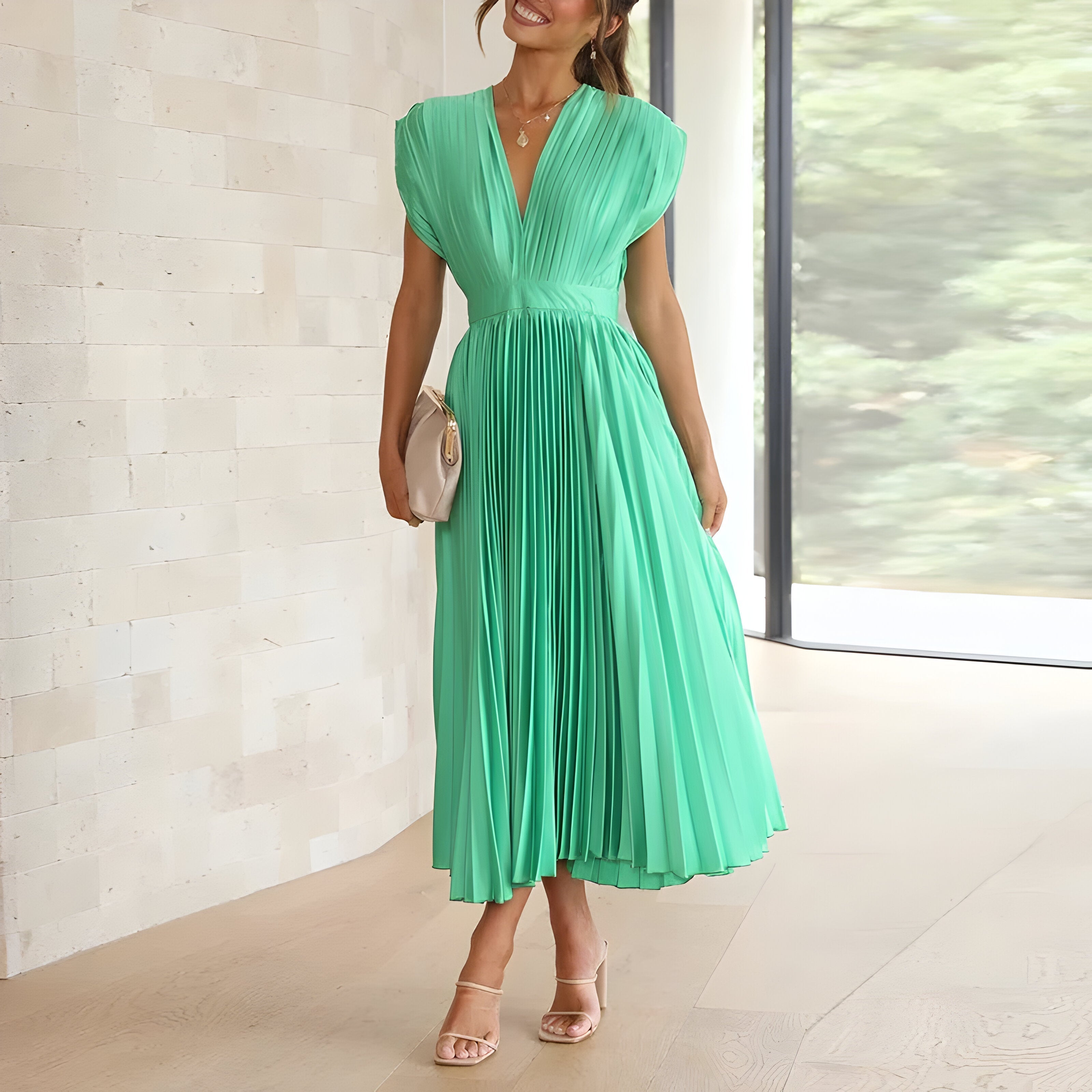 James & Elly™ | Midi Pleated Dress with Deep V-Neck