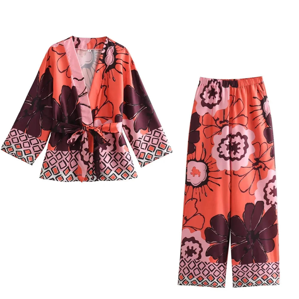 James & Elly™ | Kimono with Flowers & Wide Trousers