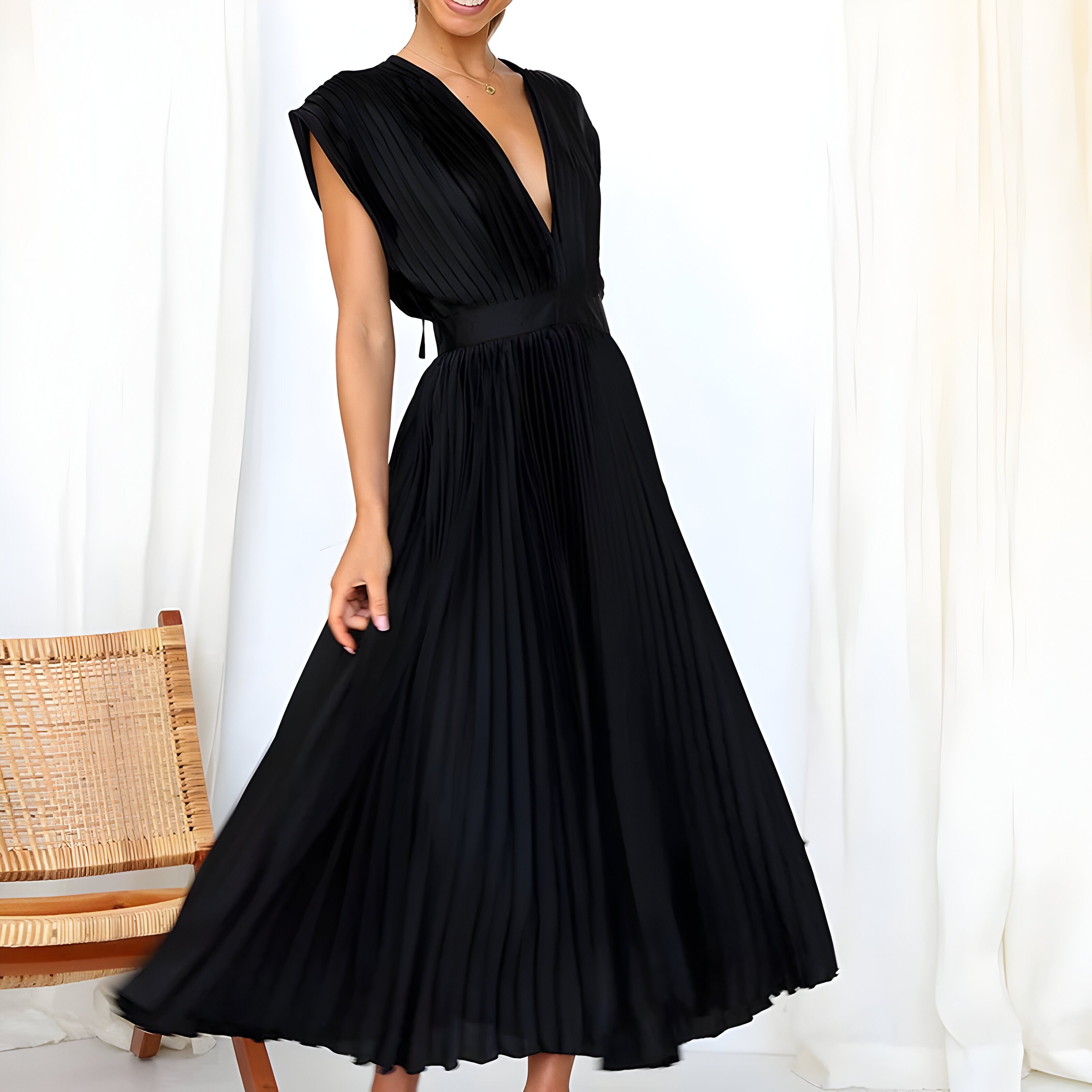 James & Elly™ | Midi Pleated Dress with Deep V-Neck