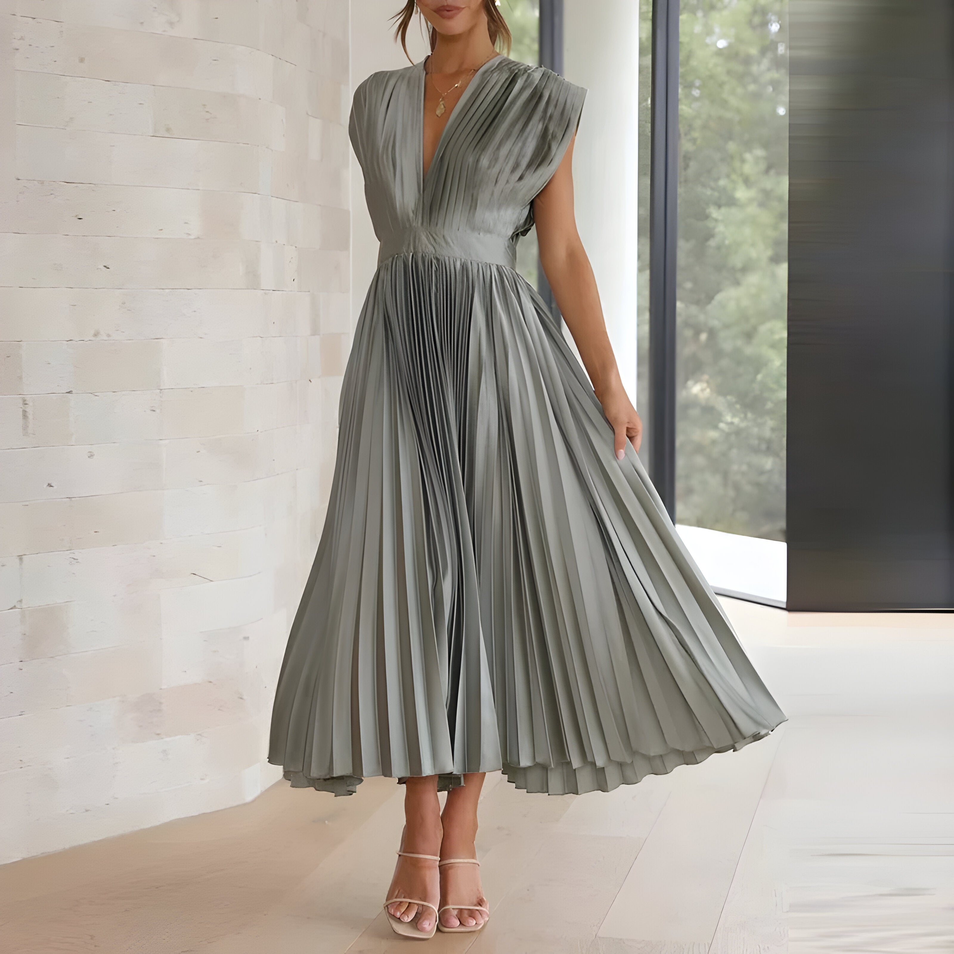 James & Elly™ | Midi Pleated Dress with Deep V-Neck