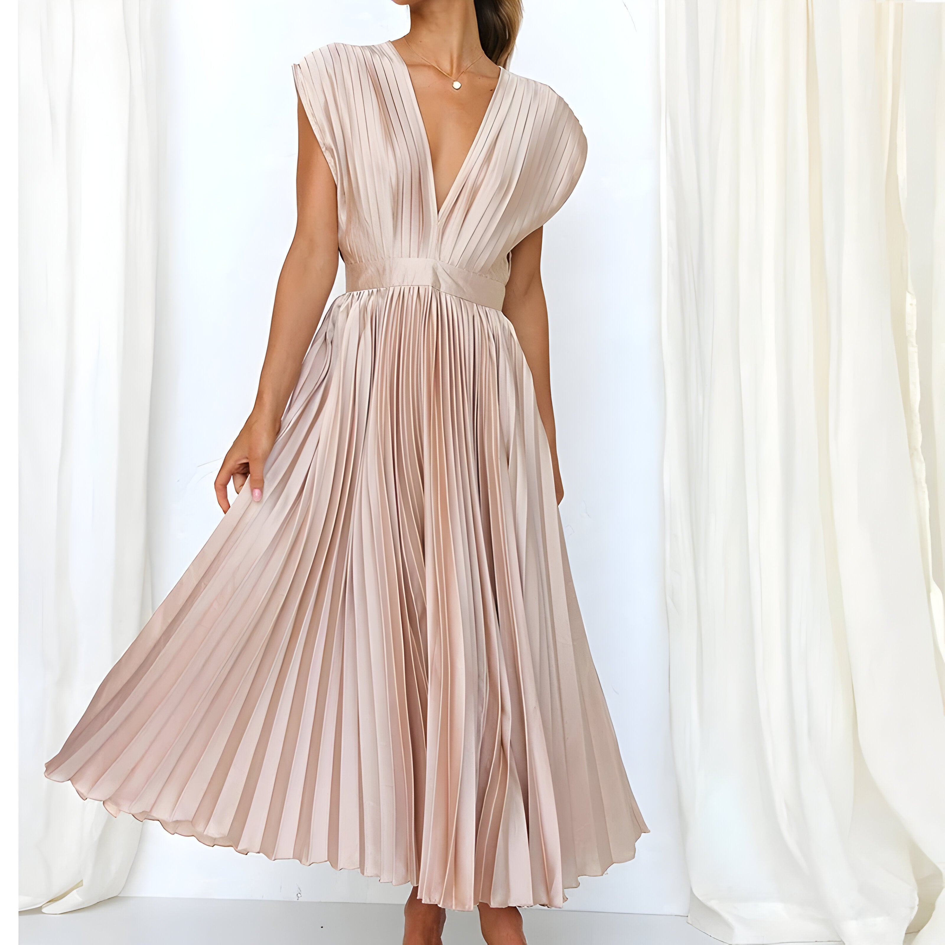 James & Elly™ | Midi Pleated Dress with Deep V-Neck
